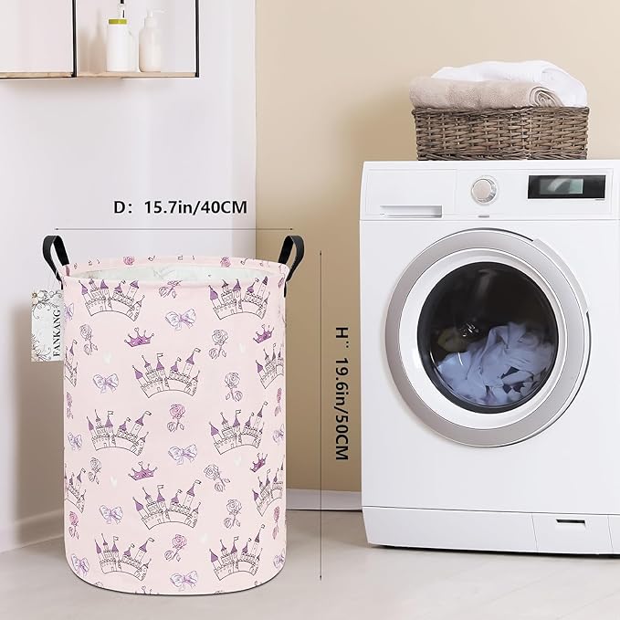 FANKANG Storage Basket, Nursery Hamper Canvas Laundry Basket Foldable with Waterproof PE Coating Large Storage Baskets for Kids Boys and Girls, Office, Bedroom, Clothes,Toys(Princess Castle)