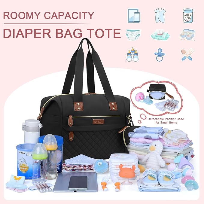 Pritent Diaper Bag Tote, Diaper Baby Bags with Pacifier Case, Shoulder Straps, Stroller Clips, Waterproof Large Mommy Maternity Travel Baby Tote for Mom and Dad, black