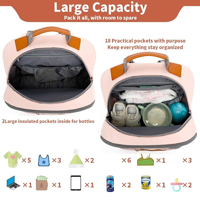 BILLITON MASHI Diaper Bag Backpack, Large Baby Nappy Bags with Portable Changing Pad for Boys and GirlsMultifunction Travel Baby Bag for Moms Dads, Shower Gifts Waterproof and Stylish，Light Powder