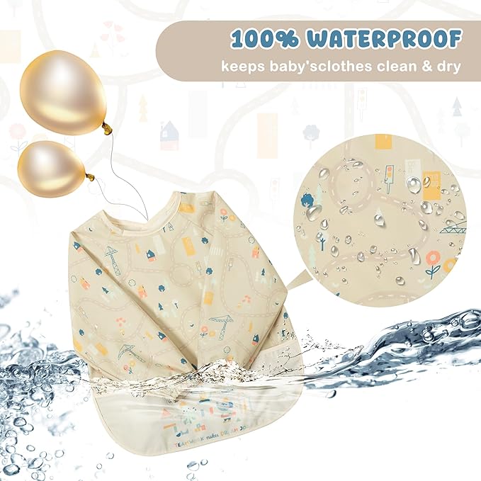 Little Dimsum Mess-Proof Baby Bibs|Infant Toddler Long Sleeve Waterproof Feeding Smock|Catching Food & Wipe Clean
