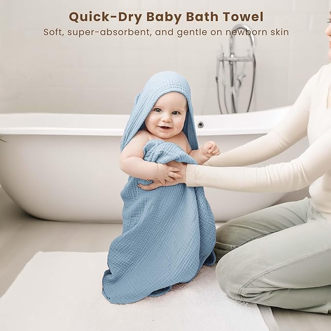 Konssy 2-Pack Muslin Hooded Baby Towels, 100% Cotton, Ultra-Soft & Absorbent Baby Bath Towels with Hood for Newborn & Infant (Blue, Star,32" x 32")