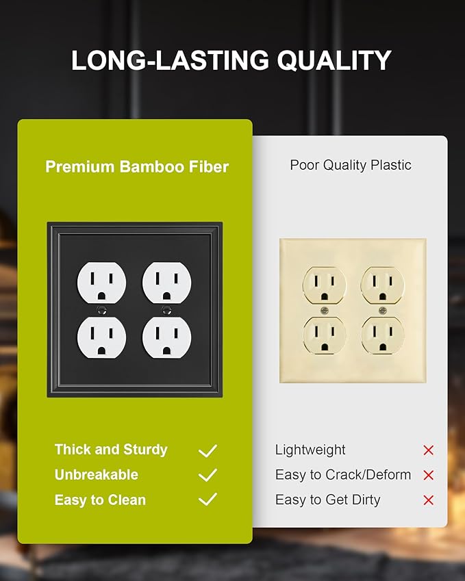 2-Pack Double Duplex Outlet Cover, Natural Bamboo Fiber Switch Plates and Outlet Covers, Black Decorative Wall Plates for Electrical Outlets, 2 Gang Receptacle Cover, Corrosion Resistant