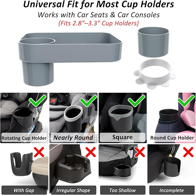Car Seat Snack Tray for Kids, Mess-Free Square Travel Tray Cup Holder Snack Tray, Durable Car Food Tray for Toddlers, Universal Fit Kids Travel Road Trip Essentials (Gray)