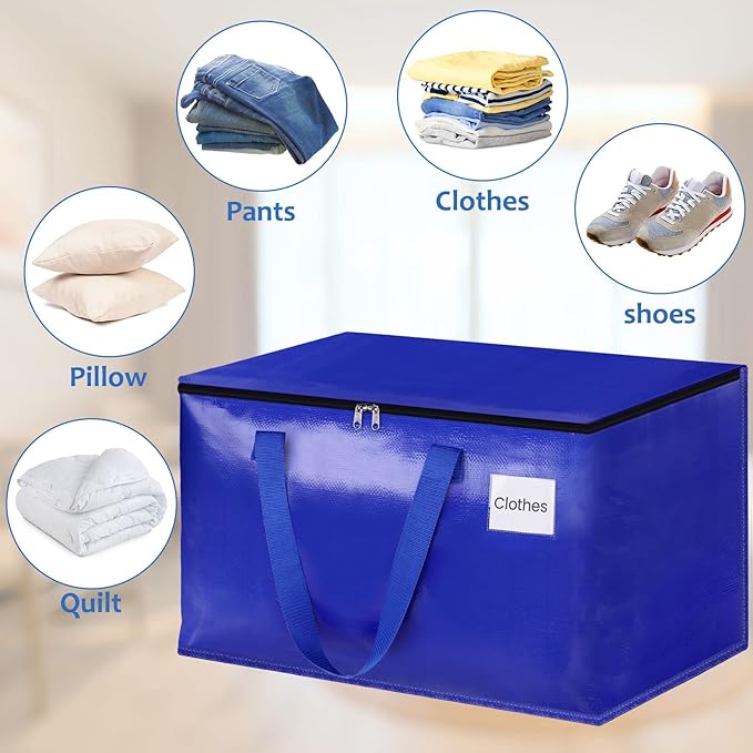 Moving Bags, Storage Bags with Sturdy Handles and Heavy Duty Zippers, Storage Totes for Space Saving, Moving & Storage, Collapsible Moving Supplies(100L, 4-Pack, Blue)