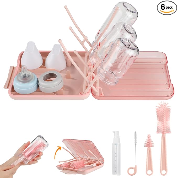 YomauiYee Baby Bottle Brush Set-6 in 1 Bottle Brush Cleaner with Silicone Bottle Brush,Drying Rack,Nipple Brush,Straw Brush,Soap Dispenser&Storage Box-Baby Essentials Gifts for Home&Travel(Pink)