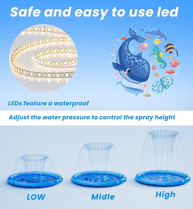 LED Glowing Splash Pad Sprinkler for Kids & Dogs, 60" Non-Slip Outdoor Water Toys Toddler Sprinkler Pool Splash Pad/Play Mat,LED Light Boys Girls Yard Sprinkler Pool for Kids