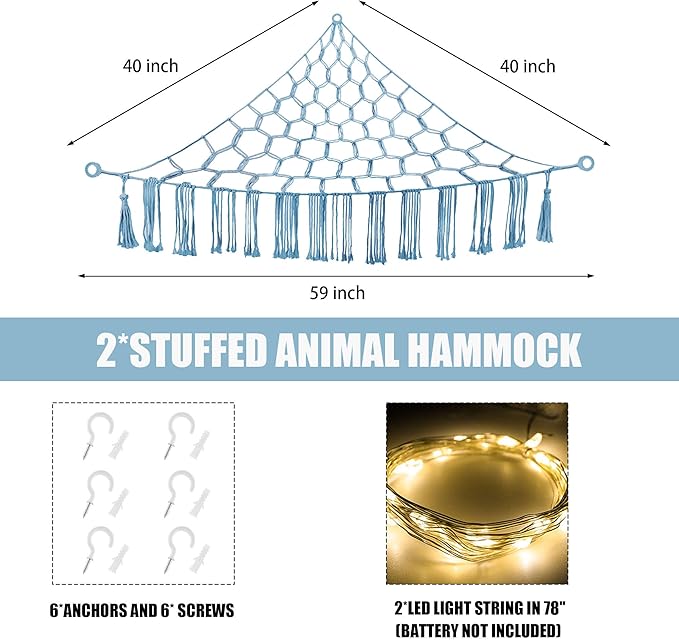 CERETIA Stuffed Animal Hammock with LED Light, Large Stuffed Animals Storage Corner Plushie Net for Kids Room Decor, 2 Packs Baby Blue