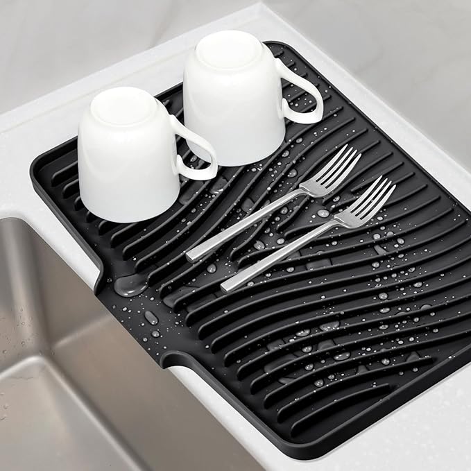 Silicone Dish Drying Mat, Stone Drying Mat for Kitchen Counter with Built-In Drain, Non-Slip Drain Pad with Built-in Drain, Heat Resistant Stone Drying Mat, 1Pcs Black(20" x 15")