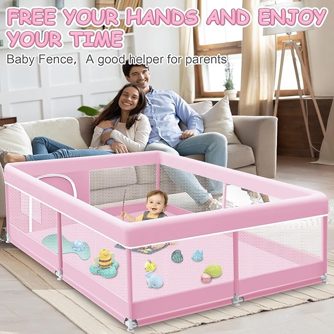 Baby Playpen 50 x 50 Inch Play Pen Playards, Playpen for Babies and Toddlers, Baby Playard for Indoor & Outdoor Active Center Game Fence, with Skin-Friendly Fabric and Soft Breathable Mesh Pink