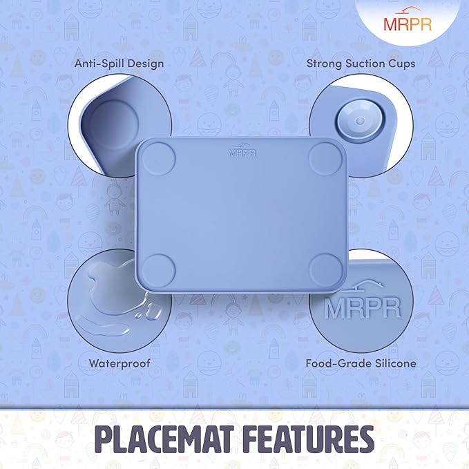 MRPR Silicone Suction Placemats for Toddlers – BPA-Free, Non-Slip, Dishwasher-Safe – Raised Edges, Travel Bags, Heat-Resistant – Mess-Free Mealtime for Home & On-The-Go