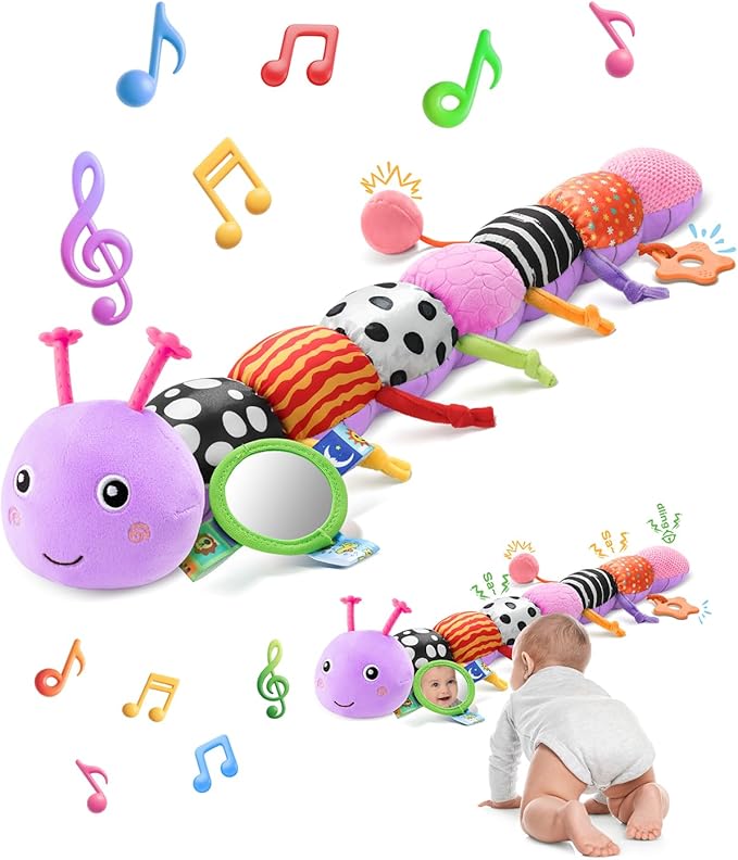 Baby Toys 6-12 Months Music Caterpillar,Stuffed Animals Infant Toys 0-3-6 Months,Teething Sensory Toys Tummy Time with Mirror Crinkle Rattle&Pull String for Boys Girls Gifts Birthday|Purple