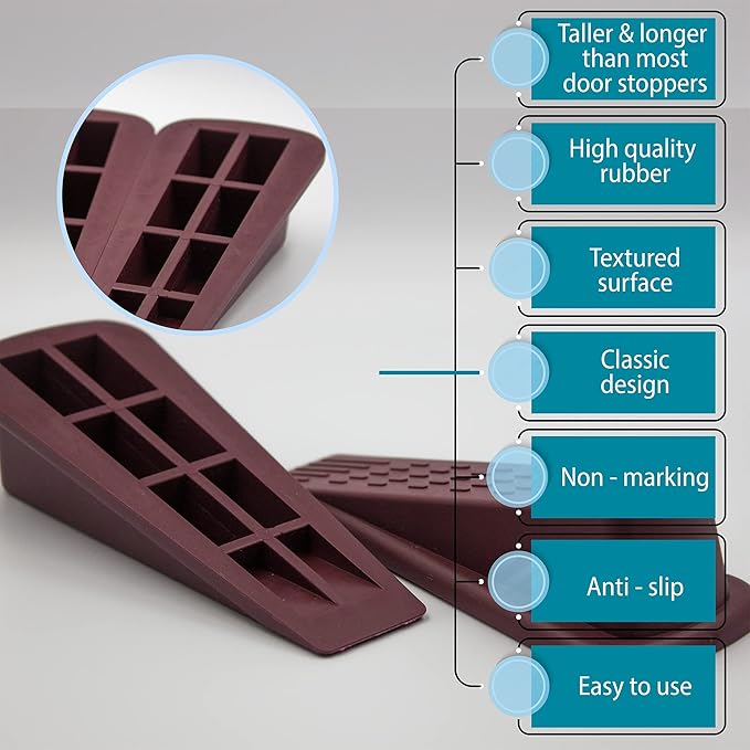 Door Wedge Stopper - 6 Pack (Maroon) - Classic Style - Rubber Material - Floor Mount - 5.12" x 5.12" x 1.38" - Door Stop