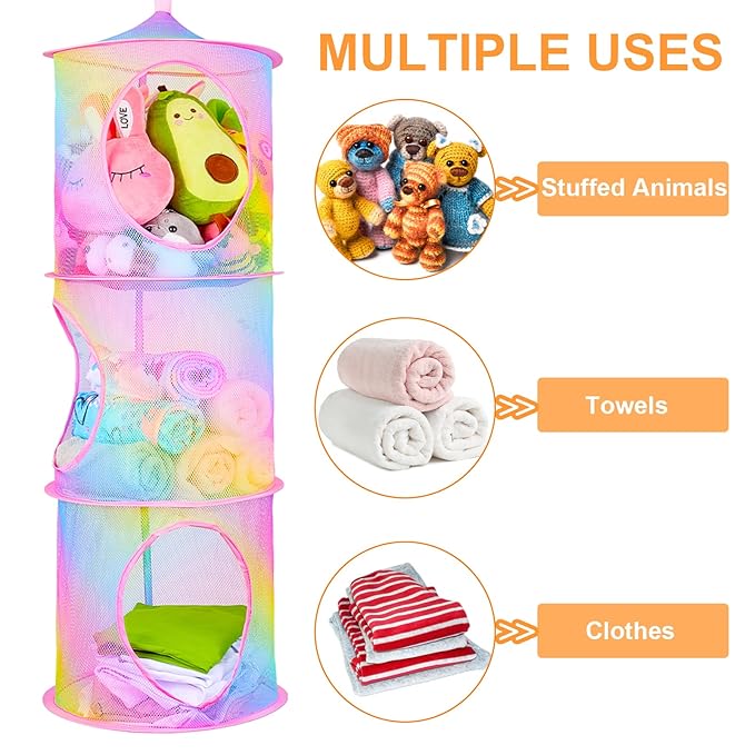 Basumee Stuffed Animals Net or Hammock 2 Pcs Stuffed Animals Storage Toy Net Hammock for Plushies Storage Organizer Mesh Kids Girls Room Decor, Rainbow, 3 Tiers