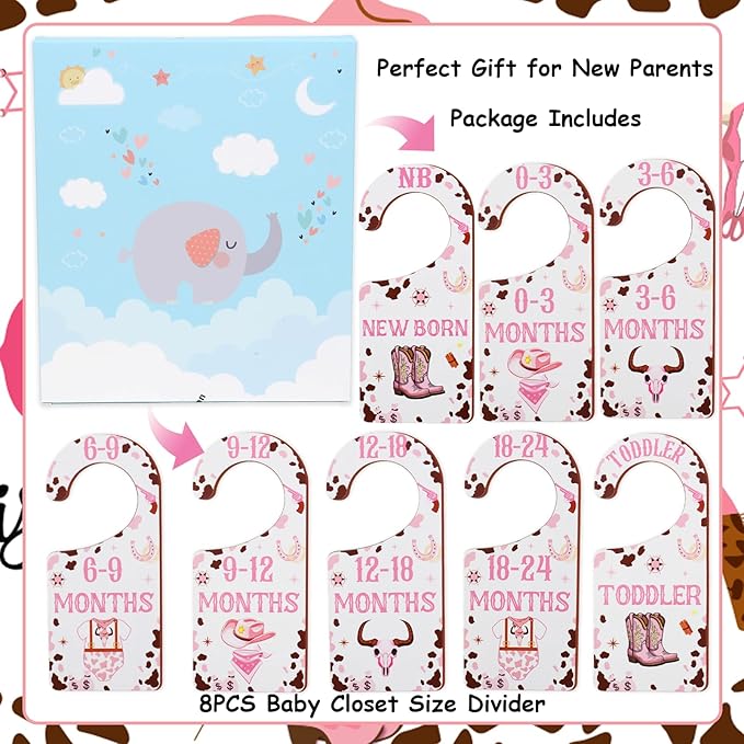 Baby Closet Dividers 8PCS, Western Cowgirl/Wild West Rodeo Themed Wooden Double-Sided Clothes Size Hanger Organizer from Newborn to Toddler for Nursery Decor Baby Shower Birthday Gift Pink