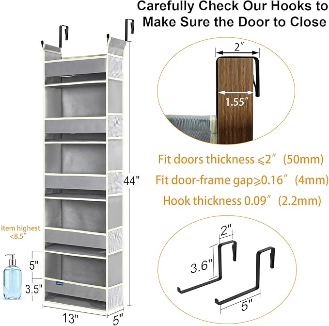roomtalk Over The Door Organizer 5-Shelves and 10 Side Pockets, Over The Door Storage for Bathroom Bedroom Nursery, Hanging Door Organizer for Baby Diapers and Kids Toys (13"x5"x44", Grey)