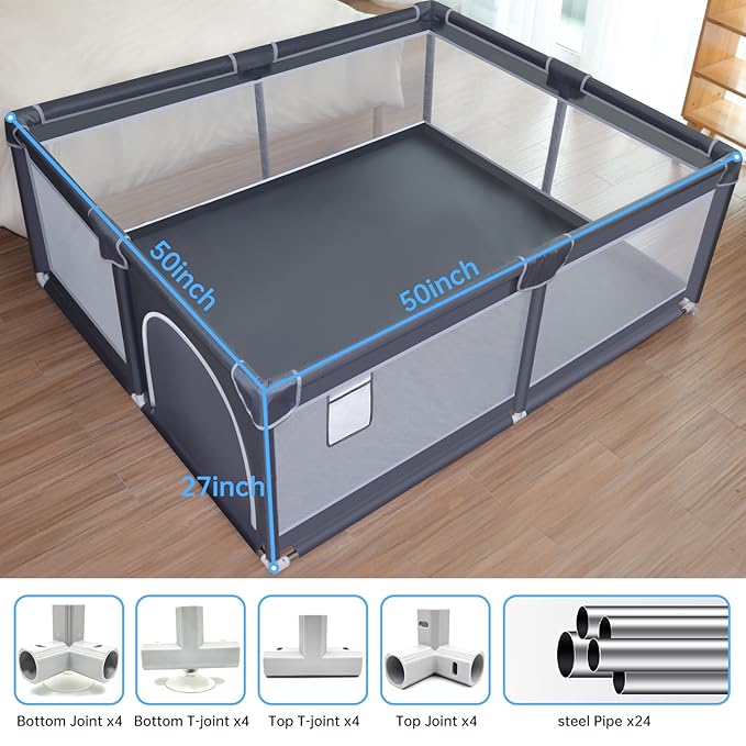 Baby Playpen, 50 x 50 inch Baby Playard, Playpen for Babies and Toddlers, Play Pen for Indoor & Outdoor, with Soft Breathable Mesh,No Gaps Playpens for Babies, Grey