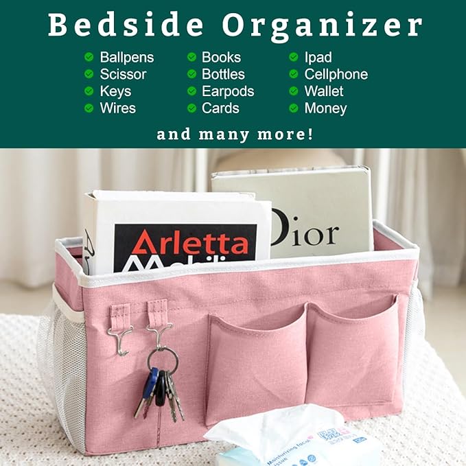 Bedside Caddy Organizer Hanging Storage Bag with Pockets for Books, Magazines, Phone, Tablet & Water Bottle – 2-Pack Bedside Storage for Dorm Rooms, Bunk Beds, Hospital Beds & Cribs,Pink