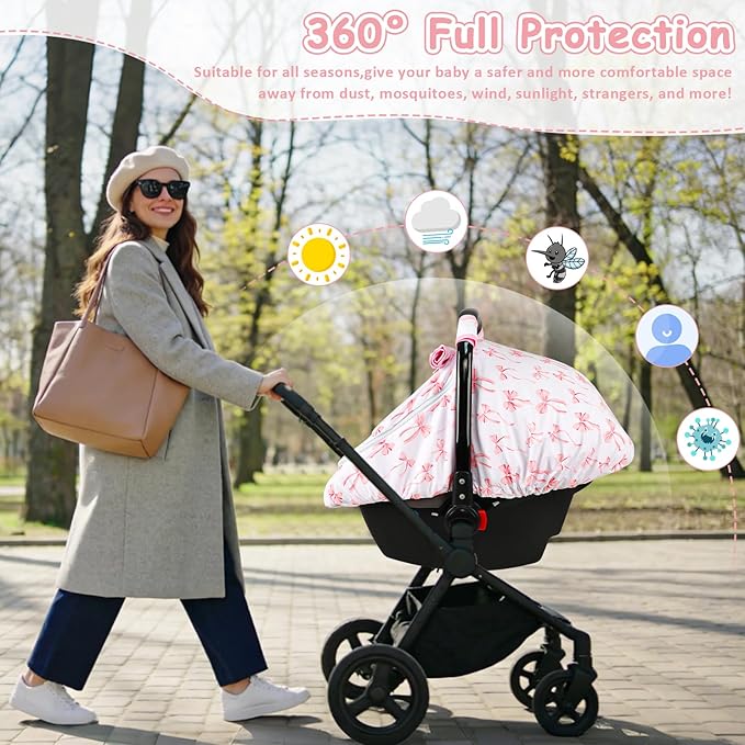 Baby Car Seat Cover with Mesh Window, Windproof Carseat Cover for Infant Girls, Infant Carseat Canopy with with Dual Zipper, Compatible with Most Baby Car Seat, Pink Bow