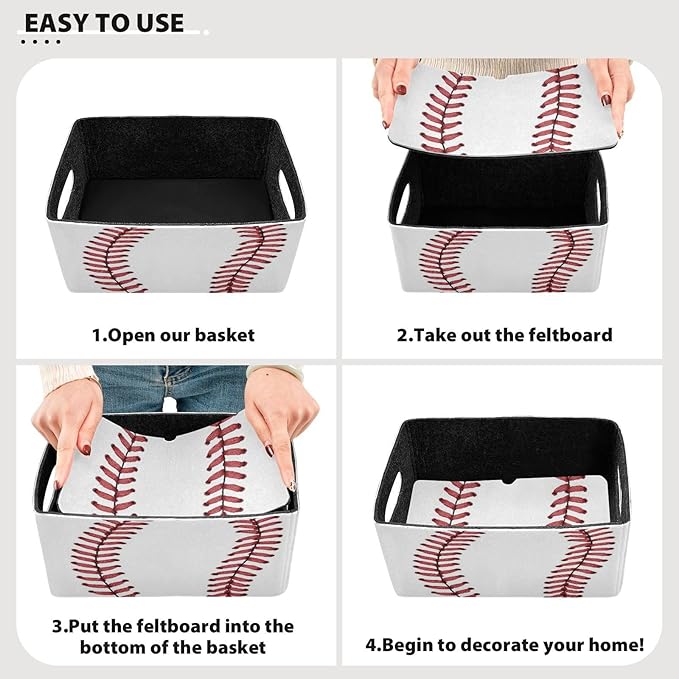 Kcldeci Red Stitching Baseball Storage Bins Baskets for Organizing 2Pack, Sport Ball White Sturdy Storage Basket Foldable Storage Baskets for Shelves Closet Nursery Toy