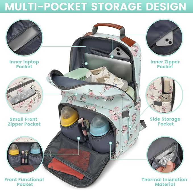 BILLITON MASHI Diaper Bag Backpack, Large Baby Nappy Bags with Portable Changing Pad for Boys and GirlsMultifunction Travel Baby Bag for Moms Dads, Shower Gifts Waterproof and Stylish，Flower Green