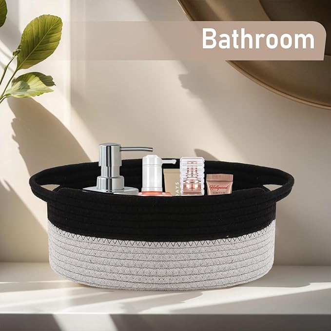 JMvicyroam Woven Basket,Small Rope Storage Bin with Handles & Ribbon Bag, Organizer for Shelves Closets,Gift Basket Empty for Birthday,Books,Dog Toys, Black&Grey/2 Pack