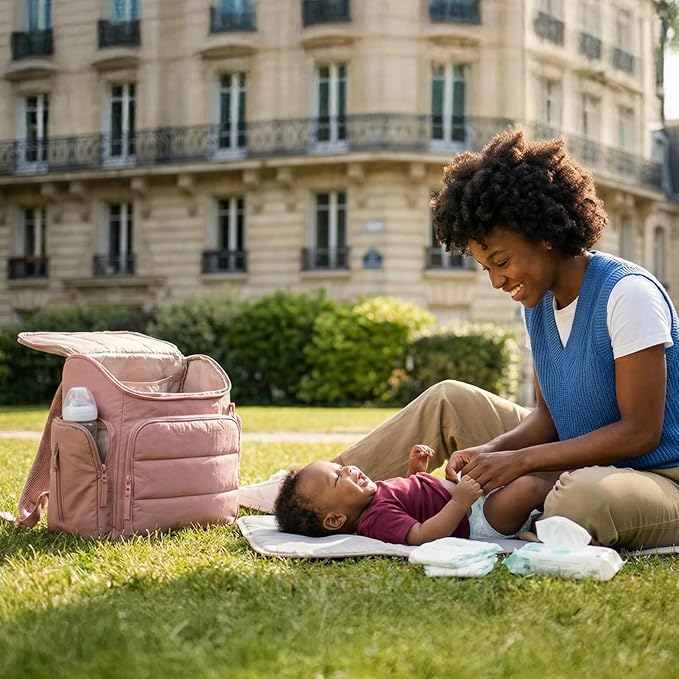 mommore Diaper Bag Backpack, Baby Bag with Waterproof Changing Pad and Stroller Straps for Toddler, Diaper Backpack for Mom Dads with Insulated Pockets & Pacifier Case, Baby Essential, Dark Pink