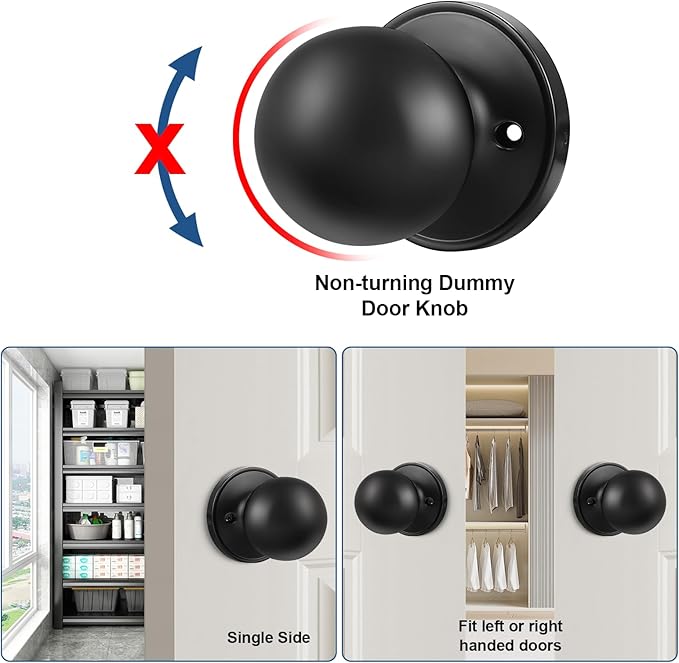 Knobonly 2 Pack Single Side Dummy Door Knob, Matte Black Non-Turning Indoor Door Knob, Closet Door Knobs, Stainless Steel