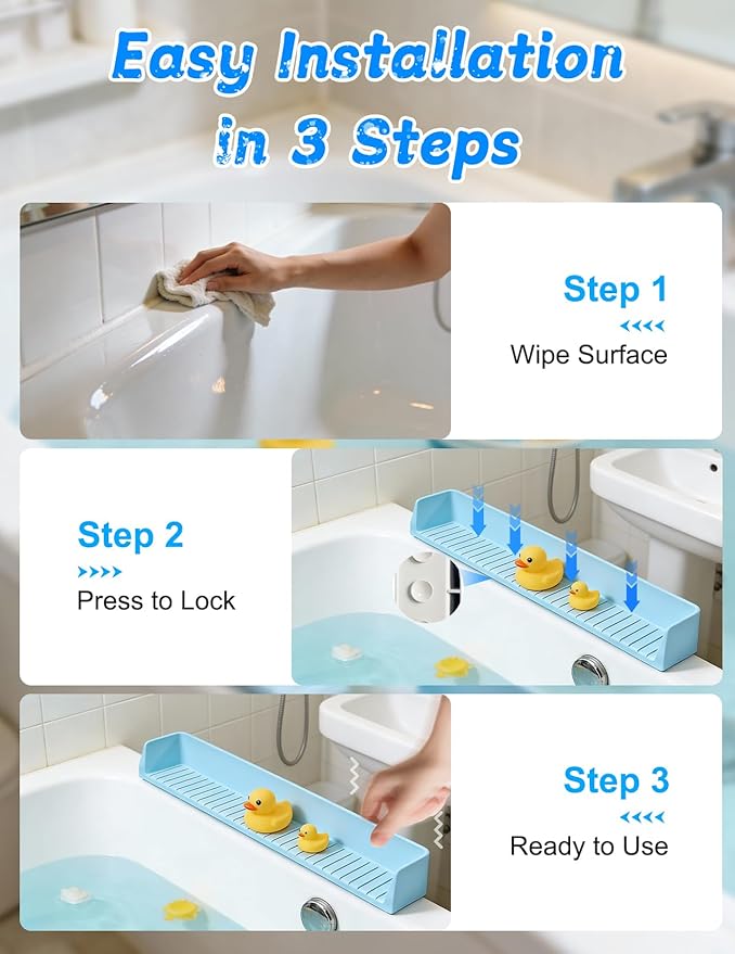 Splash Guard for Bathtub 31.5 Inch Silicone Tub Splash Guard with 11 Suction Cups Foldable Bath Toy Holder & Play Shelf Prevents Water Spills for Standard Tubs (Sky Blue)