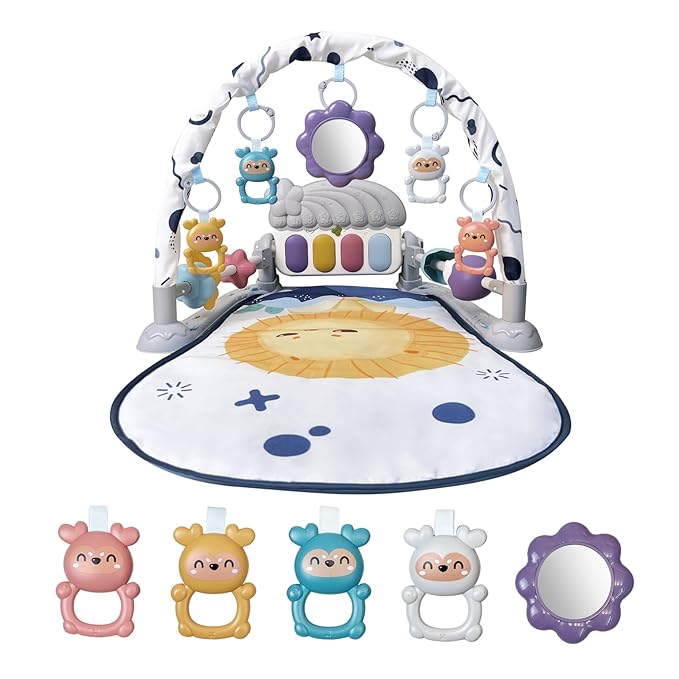 Baby Play Gym Mat, Baby Gym Activity Center, Kick and Play Piano with Music and Light, Tummy Time Toys for Newborn Babies Infants Boys Girls 0-3-6-9-12 Months (Grey)