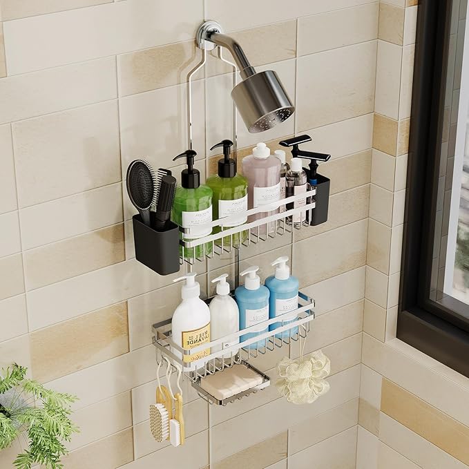 Shower Caddy Hanging for Bathroom Organizers and Storage, 3 Tier Adjustable Anti-Swing Shower Organizer Hanging with Heavy-Duty Suction Cups, Damage-Free Rustproof (Chrome)