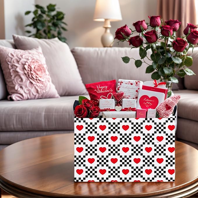 ASKETAM Valentine's Day Basket for Gifts Empty Cute Heart Large Gift Basket Decorative Storage Bin for Kid and Baby Room Décor (Black and White Checkered Heart)