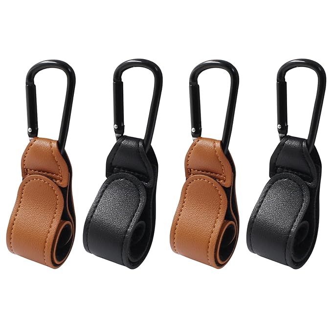 4 Pcs Stroller Hooks for Diaper Bag - Durable Leather Stroller Straps Diaper Bag Hooks - Stroller Clips for Stroller Wheelchair Shopping Carts - Black + Brown