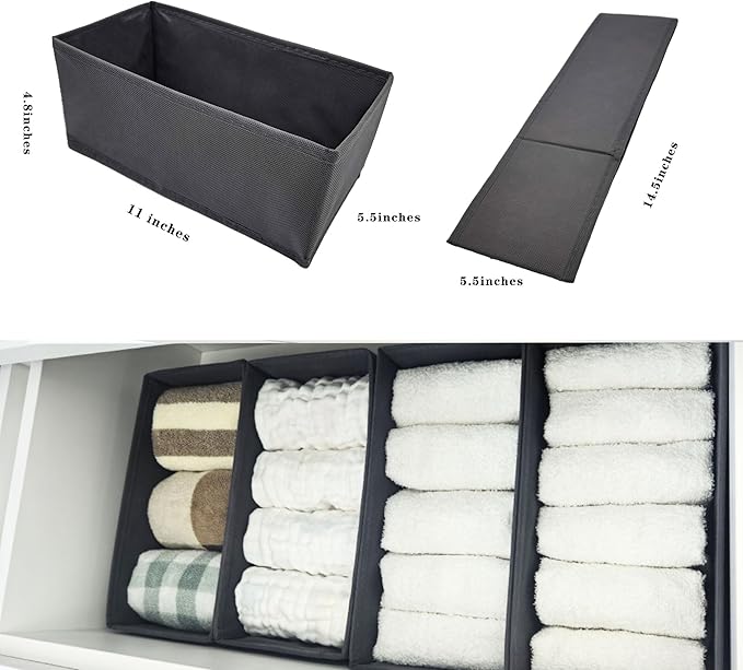 Foldable Drawer Organizer, 3 Pack Gray Fabric Storage Bins with Hardboard Sides, 11×5.5×4.8 Inch Dresser Drawer Dividers for Socks, Underwear, Accessories – Closet Organizer Boxes