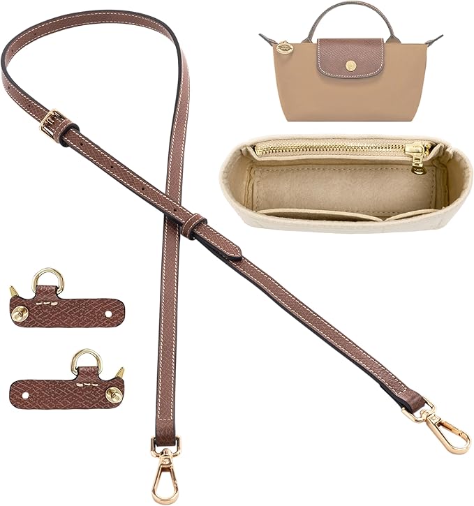 Mini Bag Organizer with Genuine Leather Crossbody Strap Conversion Kit, Compatible with Longchamp Mini Bag – Inner Liner Insert + Strap Kit Set, Beige