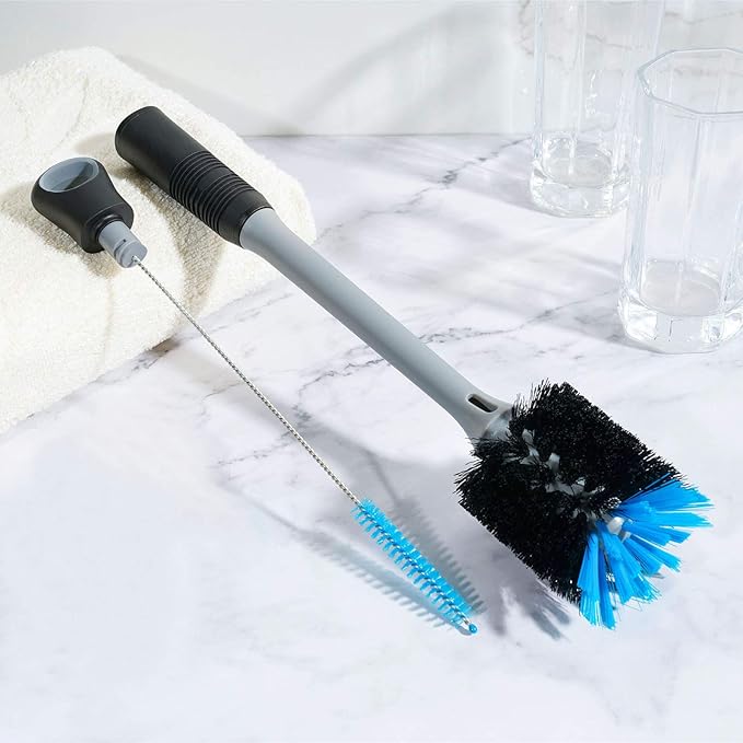 MOSOLAN 2-in-1 Water Bottle Brush and Straw Cleaner Brush, Long Handle Water Bottle Scrubbing Brush for Water Bottles, Glasswares, Mugs, Flasks, Tumblers and Kitchen Sink, Black, 2 Pack