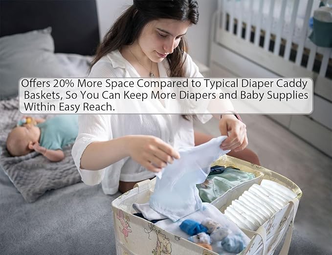 Extra Large Winnie Baby Diaper Caddy Organizer, Baby Wipes Storage Basket for Changing Table, Gift for Newborn Essentials, Baby Shower Must Have, Portable and Foldable for Space Saving (White)