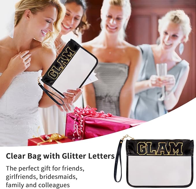 Iqimott Chenille Letter Bag Clear Flat Pouch, Monogram Glitter Letter Patch Makeup Cosmetic Bag Zipper Toiletry Pouch, Portable Travel Beach Snack Wristlet Bag for Women Girls(Black)