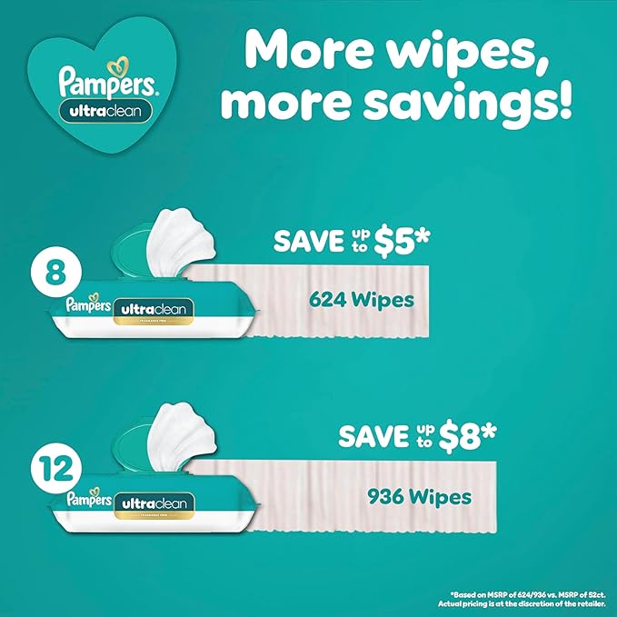 Pampers Ultraclean Baby Wipes (Previously 'Free & Gentle'), 99% Water, Hypoallergenic, Unscented, 100% Plant Based, Plastic-Free, 624 Wipes Total (8X Flip-Top Packs)