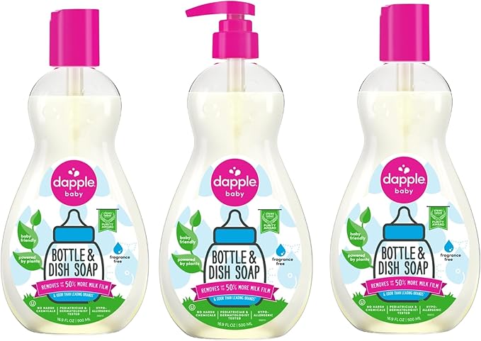 Dapple Baby Fragrance Free Bottle & Dish Soap - (3 Pack) 16.9 fl oz - Cleans Baby Bottles, Sippy Cups, Pacifiers, Breast Pumps, & More - Gently Removes Milk Film & Odors - Includes 1 Pump