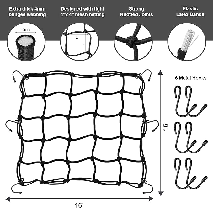 JAGASOL Cargo Nets for Motorcycle Helmet 16"X16" Elastic Bungee Net Storage Featuring 6 Hooks Tight 2"x2" Mesh Luggage Strap Rack Expansion Organizer Net Pocket for Motorbike E-Bike Trike