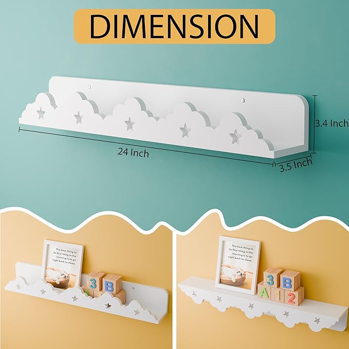 Sumbame Nursery Shelves for Wall Set of 2 - White Cloud Floating Bookshelf for Kids, 24 Inch Scalloped Picture Ledge Shelf, Display Shelf for Baby Bedroom, Nursery Decor, Baby Playroom, Toy Storage