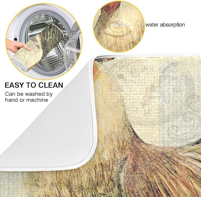 Farmhouse Rooster Dish Drying Mat 18 x 24 Inch with Hanging Loop High Absorbent Reversible Microfiber Dish Drying Pad Dish Rack Pad Drainer Mat for Kitchen Counter Coffee Bar