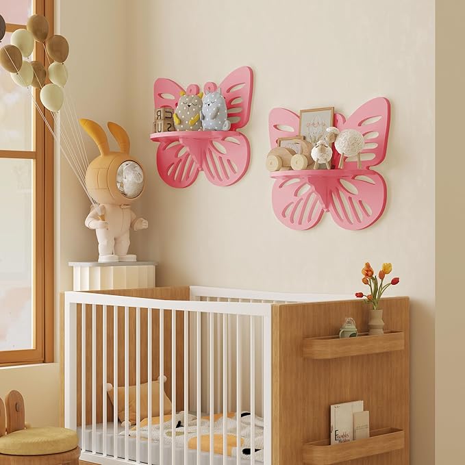 2-Tier Butterfly Wall Shelf - Nursery Decor Pink Floating Corner Shelves, Cute Wall Display Rack Bookshelf for Kid’s Room, Solid Wood Hanging Hollow Out Shelf for Toys, Plants and Decorations Storage