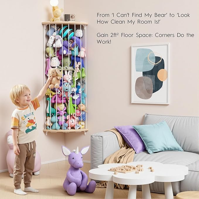 Corner Stuffed Animal Storage Zoo, Large Adjustable Solid Wood Plush Toy Organizer, Hanging Stuffie Holder Shelf & Cage with Engraved Dinosaur Star Moon for Kids Nursery Playroom