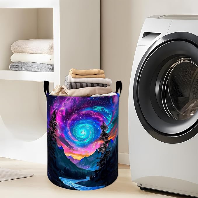 Vivid Galaxy Swirl over Mountains Laundry Basket with Handles, 19.7"x15.7" Clothes Foldable Laundry Hamper Organizer for Dorm Nursery Bedroom Bathroom Decor, Toy Storage Bin for Kids