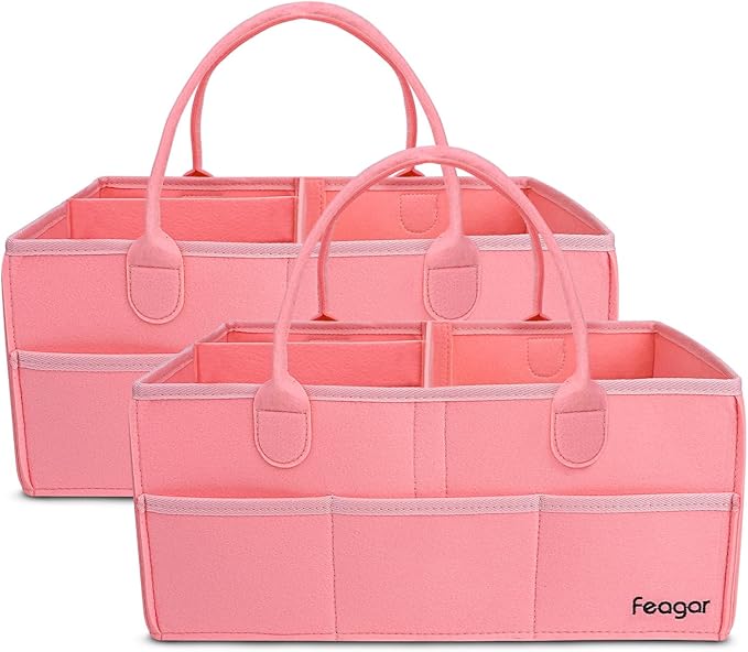 Feagar Baby Diaper Caddy Organizer, 15 Inch Large 2 Pack Set with 8 Pockets & 2 Dividers, Portable Nursery Storage Basket & Car Organizer for Changing Table, Travel (Pink)