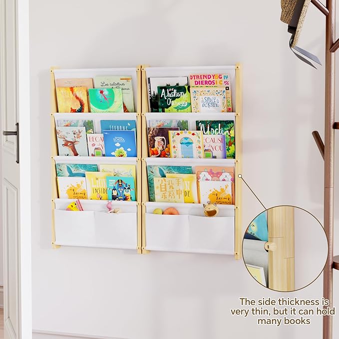 Wood 4-Tier Wall Mounted Kids Bookshelf – Floating Book Shelf For Kids Rooms,Nursery & Classroom, Hanging Bookcase Organizer For Books, Nursery Shelves, Toddler Book Shelf, Montessori Bookshelf 2 pack