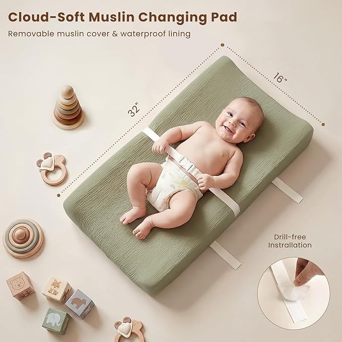 Konssy Muslin Changing Pad with Waterproof Lining Foam, Includes 2 Pack Soft & Cotton Cover, Baby Diaper Changing Pad for Dresser or Table, 32x16 inches (Fog Green,Cream)