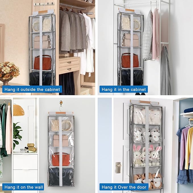 JINOKADI Clear Hanging Handbag Storage Organizer with Zippers, Easy Access Purse,Toy,Yarn,Hat Storage Holder Over The Door Purse Organizer Space Saving 4 Pockets for Closet Bedroom Living Room (Grey)