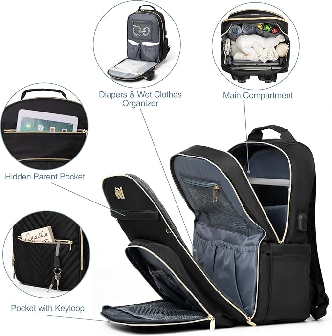 MOMUVO Diaper Bag Backpack, Quilted Baby Bag with Changing Pad & Stroller Straps & Pacifier Case, Large Travel Diaper Bags for Mom Dad, Black | with Changing Pad, Stroller Straps, Pacifier Case, Travel Diaper Bags
